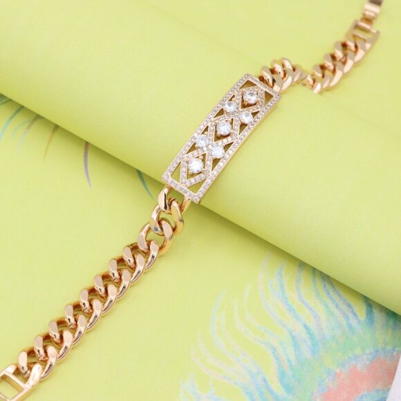 "Rose Gold Bracelet with Geometric CZ Panel and Bold Chain, XPBL0816 - Picture 5 of 12